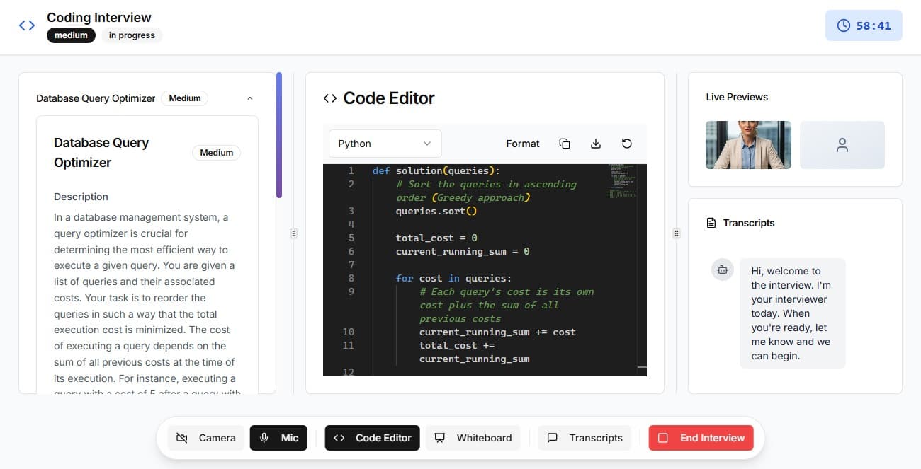 A PrepLinx coding interview: the problem, the code editor and the live transcript
